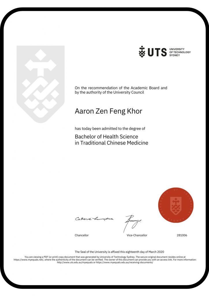 Aaron-Khor-UTS-Certificate-Bachelor-of-Health-Science-in-Traditional-Chinese-Medicine